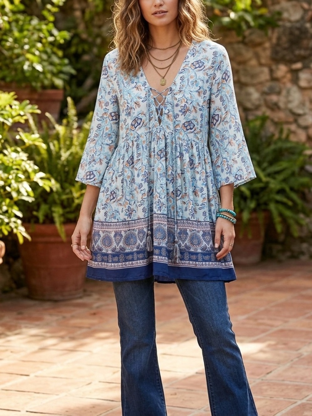 Vintage Sacred Threads Blue Boho Floral Paisley Lace-Up Tunic Top - size L/XL